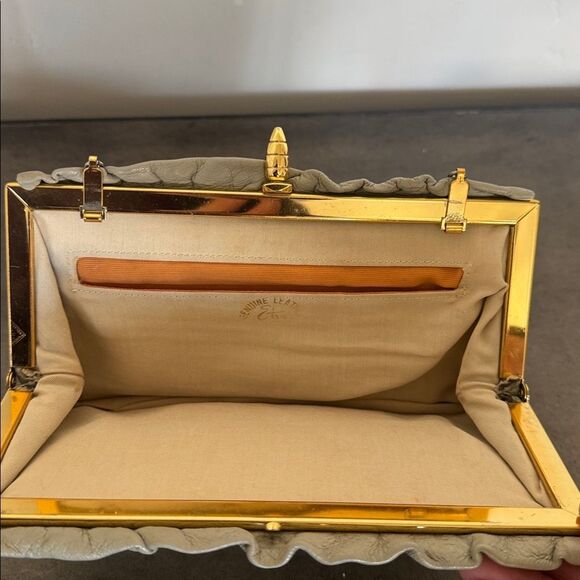 VINTAGE ETRA Elegant Gray Genuine Leather Handbag Clutch Gold/Silver Hardware - Picture 12 of 13